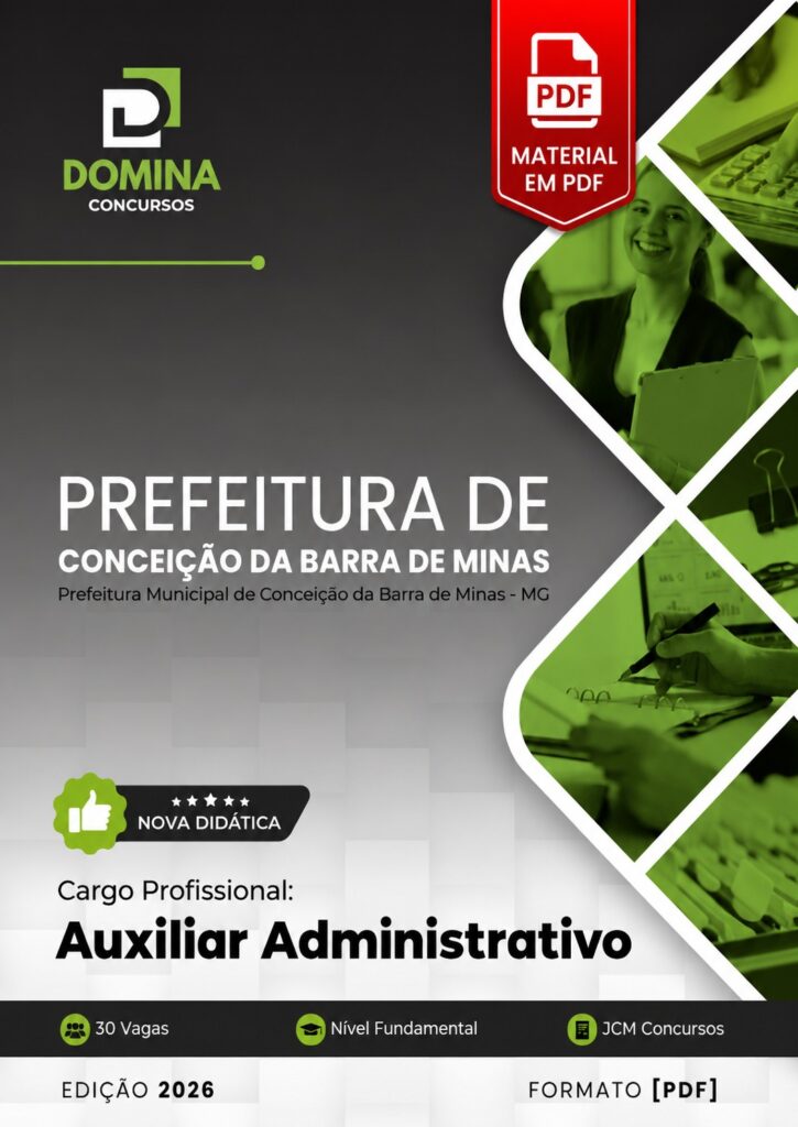 Apostila Prefeitura de Conceição da Barra de Minas - MG 2026 Auxiliar Administrativo em PDF