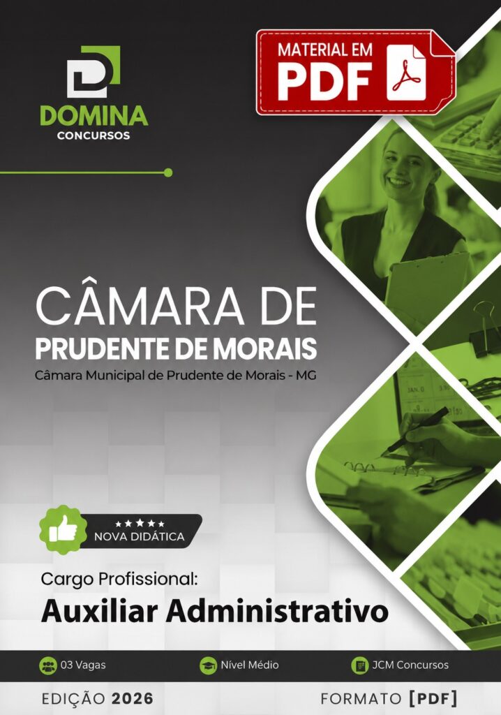 Apostila Concurso Câmara de Prudente de Morais - MG 2026 | Cargo: Auxiliar Administrativo (Formato PDF)