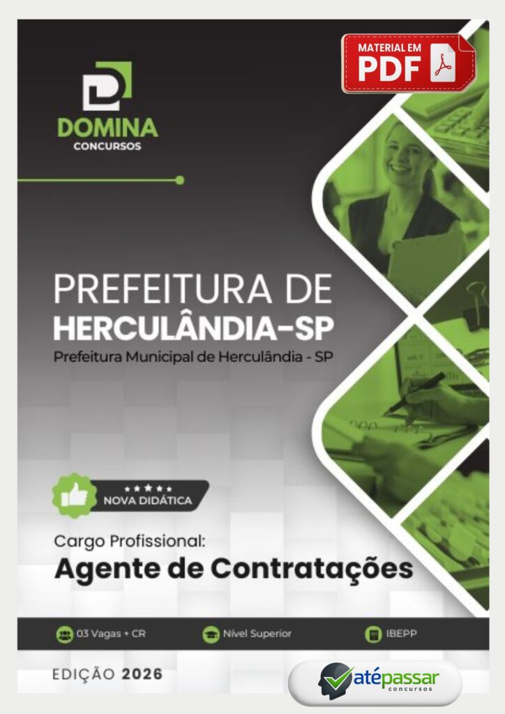 Apostila preparatória para o cargo de Agente de Contratações do concurso da Prefeitura Municipal de Herculândia - SP, edição 2026, formato PDF.