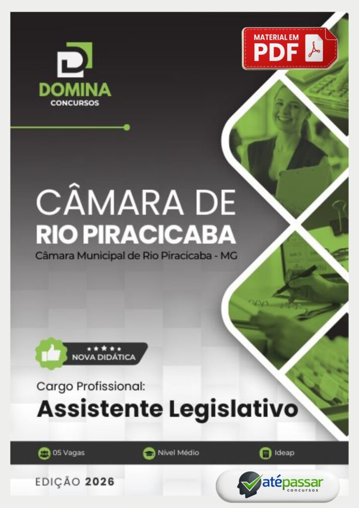 Apostila preparatória da Domina Concursos para o cargo de Assistente Legislativo do concurso da Câmara Municipal de Rio Piracicaba - MG, edição 2026, formato PDF.