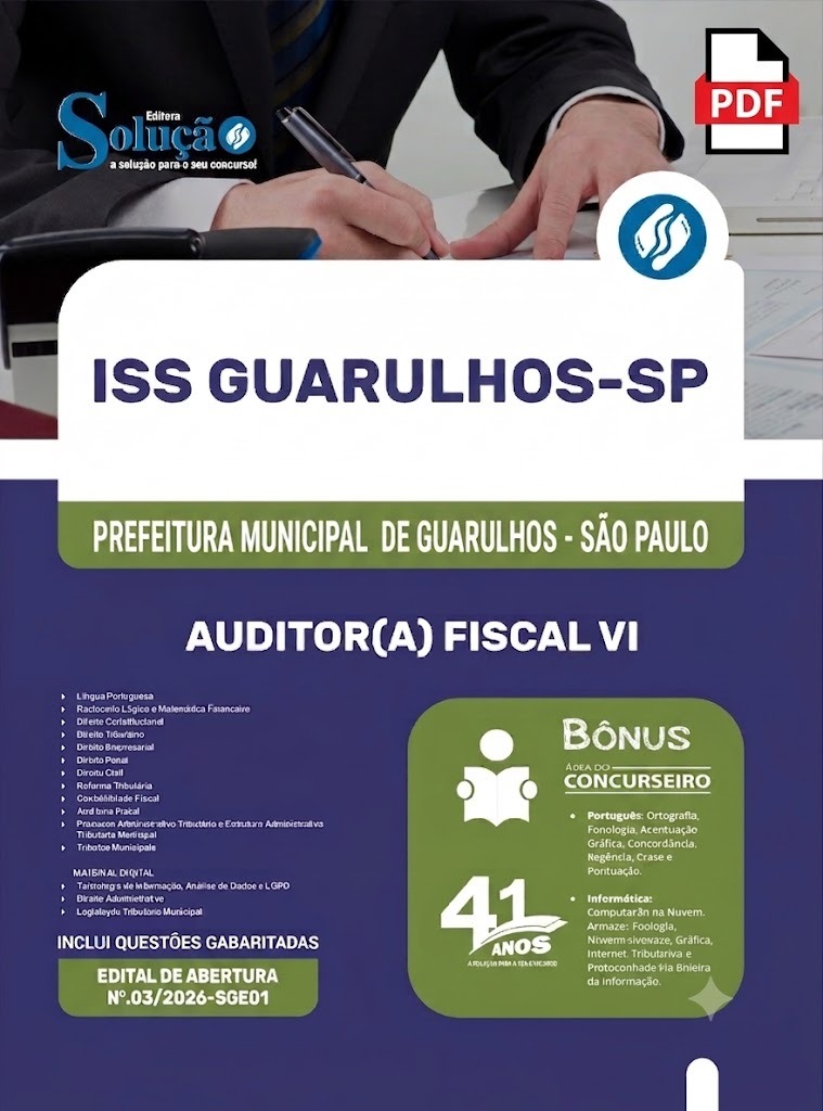 Apostila em PDF para o concurso da Prefeitura de Guarulhos SP 2026 – Cargo Auditor (A) Fiscal VI.