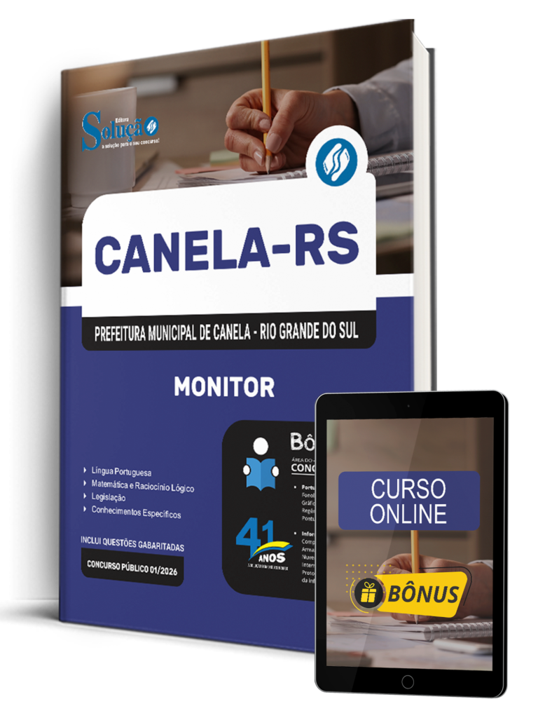 Apostila para o cargo de Monitor do Concurso da Prefeitura de Canela RS 2026, com conteúdo atualizado conforme o edital, ideal para quem busca preparação completa para a prova.