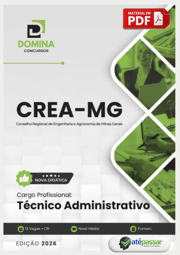 Apostila preparatória da Domina Concursos para o cargo de Técnico Administrativo do concurso do Conselho Regional de Engenharia e Agronomia de Minas Gerais (CREA-MG), edição 2026, formato PDF.