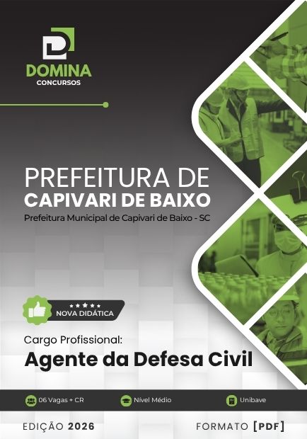 Apostila para o concurso da Prefeitura de Capivari de Baixo - SC 2026 destinada ao cargo de Agente da Defesa Civil, com conteúdo atualizado conforme o edital.