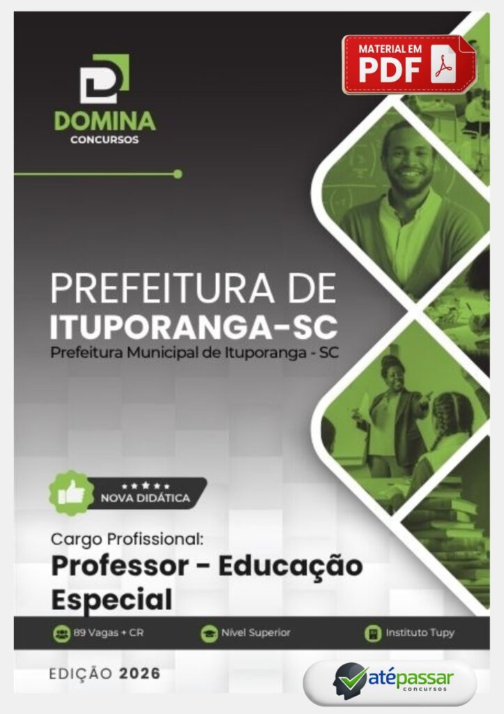 Apostila preparatória da Domina Concursos para o cargo de Professor Educação Especial do Concurso da Prefeitura Municipal de Ituporanga - SC, edição 2026, formato PDF.
