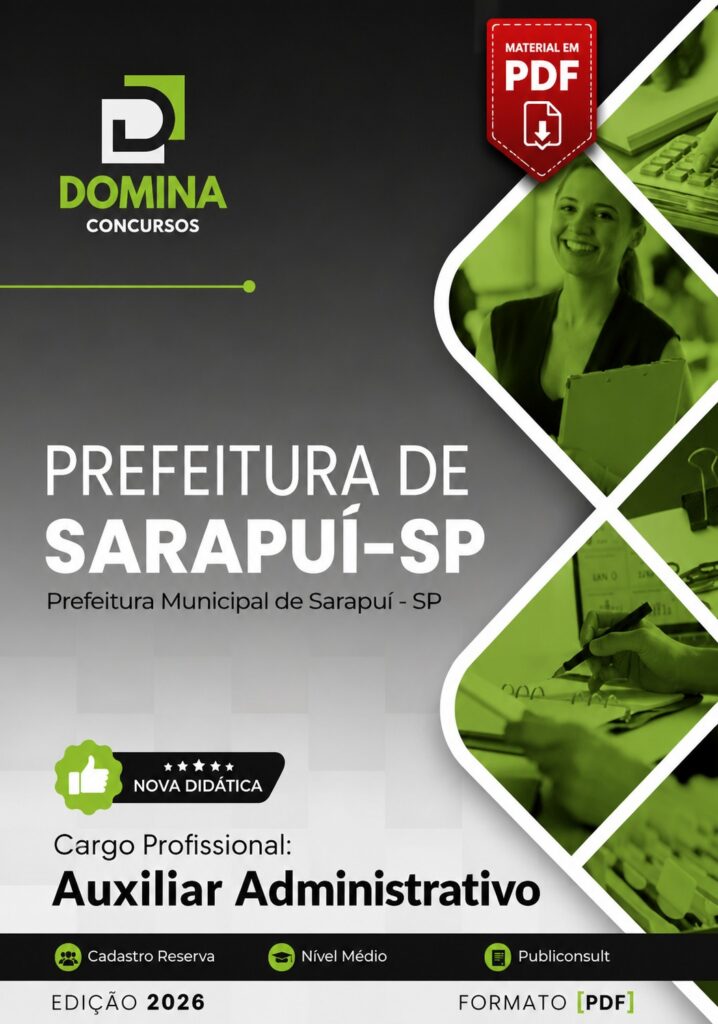 Apostila Prefeitura de Sarapuí SP 2026 para Auxiliar Administrativo em PDF para download.