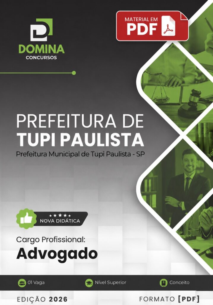 Apostila Prefeitura de Tupi Paulista SP 2026 para Advogado em PDF para download.