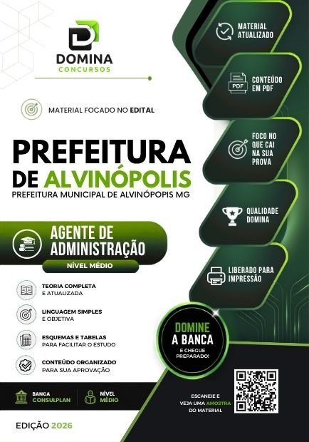Apostila Concurso Prefeitura de Alvinópolis MG 2026 - Agente de Administração
